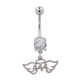 Pierced Owl 14GA 316L Stainless Steel CZ Crystal Angel Number and Wings Dangling Belly Button Ring (444)