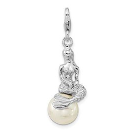 Sterling Silver 3-D Mermaid & Mother Of Pearl W/Lobster Claw Clasp Clasp Charm Charms