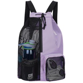 WANDF Swim Bag Mesh Drawstring Backpack with Wet Pocket Beach Backpack for Swimming, Gym, and Workout Gear (Purple)