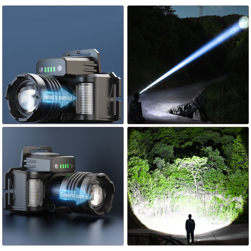 LED Headlamp with Motion Sensor Waterproof USB Rechargeable Headlight Zoomable