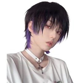Men's Wig, Wolf, Inner Color, Purple, Purple, Black, Short, Men's Wig, Harajuku, Handsome Style, Natural, Heat Resistant, Popular, Fashion Net