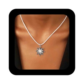 Cimenexe Bohemian Sun Choker Necklace Silver Metal Sunburst Pendant Necklace White Suede Cord Necklace Large Sun Leather Chain Necklace Jewellery for Women, Zinc, No Gemstone