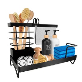 ZHENXITC Spülbecken Organizer mit Abflusspfanne - Edelstahl Schwammhalter, Bürstenhalter, Seifenschale, Handtuchhalter für Küche, Einfache Installation, Schwarz