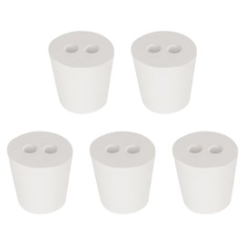 Labasics 5-Pack 5# Dual-Hole Rubber Stoppers, White Tapered Lab Seal Stoppers with 7 mm Holes, for Laboratory Glassware, Experimental Setups, and Tight Sealing Applications