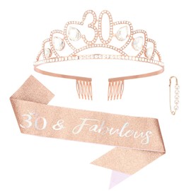 Ondder Rose Gold Birthday Sash and Crown Tiara for Women 30th Birthday Tiara and Crown for Women