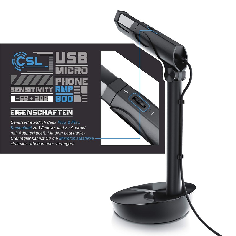 CSL PC Stand Microphone, USB Microphone, Compatible with PC, Mac,