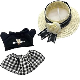 17cm Doll Clothes Outfit Accessories Set - 3 Pcs Doll Vacation Set with Straw Hat, T-Shirt, Skirt for 17cm Lafufu /10cm Plush Dolls Dress Up Unique (Chic Black)