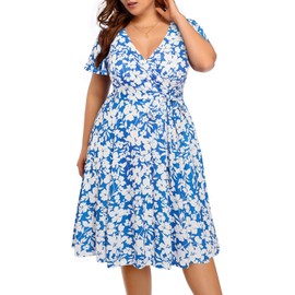 Plus Size Summer Dress Casual Floral Blue Spring Short Sleeve Wedding Guest Wrap V Neck Empire Waist Boho Midi Sundress