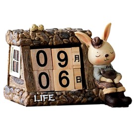 Queen-b Perpetual Calendar, Bunny, Block Cube, Wooden Tabletop, Stylish, Home, Office, Desk, Cute, Interior, Calendar, Decoration, Simple Design, Natural Wood (Boy)