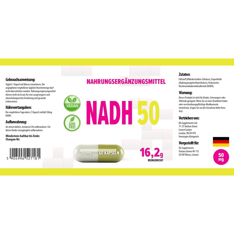NADH 50 mg 60 Vegan Capsules, Laboratory Tested, High Dosage,