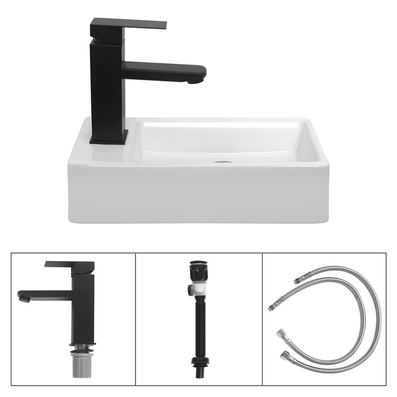 White Wall Mounted Ceramic Bathroom Sink, 7" x 14" Rectangle