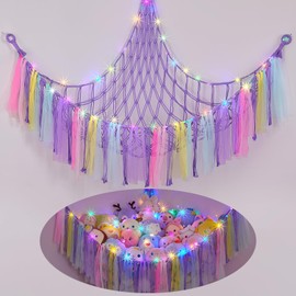 FIOBEE Stuffed Animals Net or Hammock with LED Light, Toy Hammock Hanging Stuffed Animals Storage Organizer Holder Room Décor for Nursery Kids Bedroom