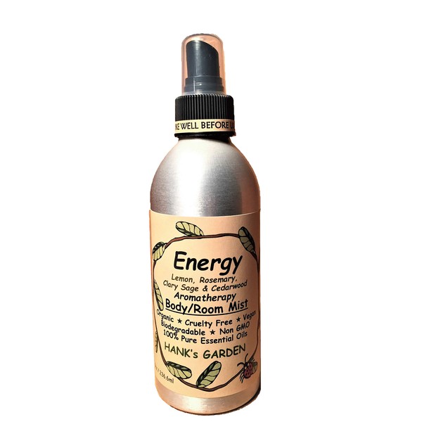 Energy Aromatherapy Body Room Spray Mist - Lemon, Rosemary, Clary Sage, Cedarwood 100% Pure Essential Oils - Vegan, Organic, Cruelty Free, Biodegradable, Non GMO (8 oz)
