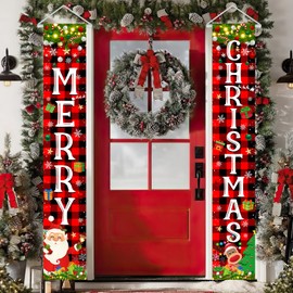 Avezano Christmas Decorations Merry Christmas Banner Red Buffalo Plaid Christmas Door Banner Xmas Santa Porch Signs for Christmas Decorations Indoor Outside