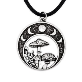HAQUIL Mushroom Necklace, Magical Mushroom Moon Phase Lunar Cycle Pendant, Faux Leather Cord, Jewelry Gift for Women