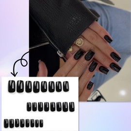 Boloshine 24Pcs French False Nails, Short Square Press on Nails with Gel Stickers, Removable Acrylic Stick On Nails French Tip Nails, Natural Glue on Nails for Women Girls Nail Art (Midnight Black)