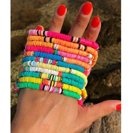 NVENF Rainbow Heishi Bracelets for Women Stackable African Vinyl Disc Bead Stretch Bracelets Bohemia Layered Surfer Bracelets Summer Beach Accessory, 2.6, Plastic, no gemstone