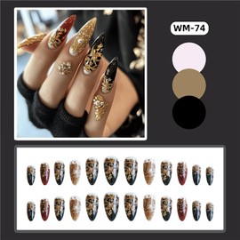 LOPMNGHT Almond Tip Press on Nails Medium Length Gold Flower Pattern Design Black Golden Acrylic False Nail Full Cover Glossy Artificial Fingernails Press Ons Almond Gel Stick on Nail for Women 24Pcs