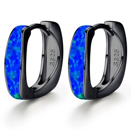 Hoop Earrings for Men 925 Sterling Silver Blue Opal Hoop Earrings Hypoallergenic Small Hinged Hoop Earrings Fashion Square Hoop Opal Jewelry Gifts for Women Men Sensitive Ears Black Gold Hoop,