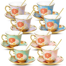 8 Set Floral Tea Cups and Saucers, 8 OZ Porcelain Tea Cup Set for Cappuccino, Chinese Tea, Coffee for Afternoon Tea Birthday Party Housewarming Thanksgiving Day Christmas Day gifts
