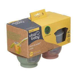 Vital Baby Nourish Store & Wean Food Pots 120ml 4pk 4m+, Leakproof, Stackable, Soft Base, EarthSmart Biodegradable, BPA-Free & Freezer Safe for Baby Food