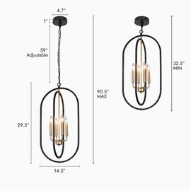 KSANA Black Gold Chandelier, Mid-Century Modern 4-Light Oval Pendant Light Fixture for Foyer, Dining Room and Kitchen