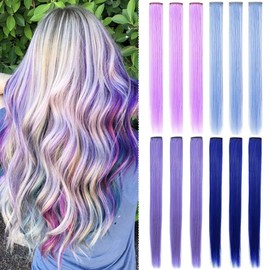 XIRRWWH 12 Pieces 21 Inch Colour Hair Extensions Clip-In Colourful Hair Strands Hairpieces Heat Resistant Straight Multicoloured Hair Accessories for Girls (Light Purple, Light Blue, Lavender, Blue)