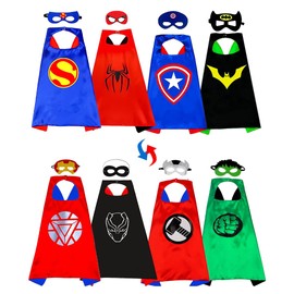 Kids Superhero Capes & Masks - 8 Hero Fancy Dress Costumes - 4 Double Sided Capes, 8 Masks - Birthday Party Dress Up - Girls & Boys