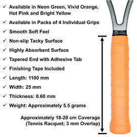Tenletic GlowTack Racket Overgrip Tape – Neon Green, Vivid Orange, Hot Pink and Bright Yellow – 4-Pack – 0.60 mm Thickness – for Tennis, Squash, Badminton, Padel and Other Racquet Sports