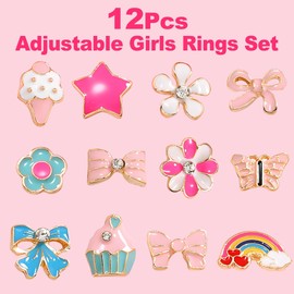 Everglit Kids Rings for Girls Jewellery - Childrens Set Adjustable Princess Dress Up Toys With Heart Shape Box for Little Girl Pretend Play Christmas Socks Fillers Birthday Party Gift 12Pcs