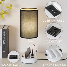 Dreamholder Table Lamp with 3 USB Charging Ports, Modern Desk Lamp with AC Outlet and Phone Stands, Perfect Bedside Lamp for Bedroom, Living Room, Office (Pack of 2), White&Black