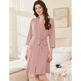 Ekouaer Women Robes Shawl Collar Bathrobe Short Kimono Robe Soft Knit Bathrobes Ladies Sleepwear with Pockets Lotus Pink X-Large