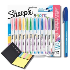 Sharpie S-Note Highlighter Pens | Pastel Colours | Chisel Tip | 12 Count + PaperMate Pen Gift and Sticky Notes