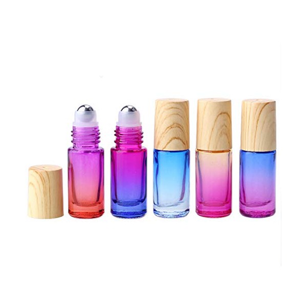 5pcs 5ml(1/6 oz) Essential Oil Roller Bottles,Metal Roller Balls Colorful Gradient Oils Roll on Bottles with Wood Grain Cap Glass Empty Refillable Fragrance Perfume Essential Oil Glass Roller Bottles
