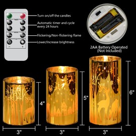 Lasumora Gold Christmas Reindeer Flameless Candles with Remote Timer, Set of 3 LED Candles in Plated Glass Holder, Battery Operated Candles Real Wax for Home Décor Christmas Gifts, D3”x H4” 5” 6”