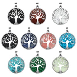 TOAOB 10pcs Tree of Life Charms Natural Gemstone Pendant for Jewellery Making 10 Colors Metal Frame Hollow Round Charms for DIY Necklace Bracelet Earring Craft Supplies