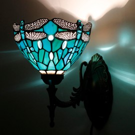 WXCFCD Tiffany Wall Sconce Lamp Blue Stained Glass Flower Style 8X10.5X11 Inch Plug in Wall Bedside Light for Hallway Bedroom (Green Blue Dragonfly Style)