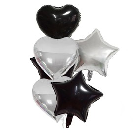 6Pcs Silver Black 18 Inch Foil Star Heart Balloons,Natural Latex Balloons for Men Women Birthday, Valentines Day,Propose Marriage,Wedding, Bridal Shower, Graduation, Casino Theme Party Decorations