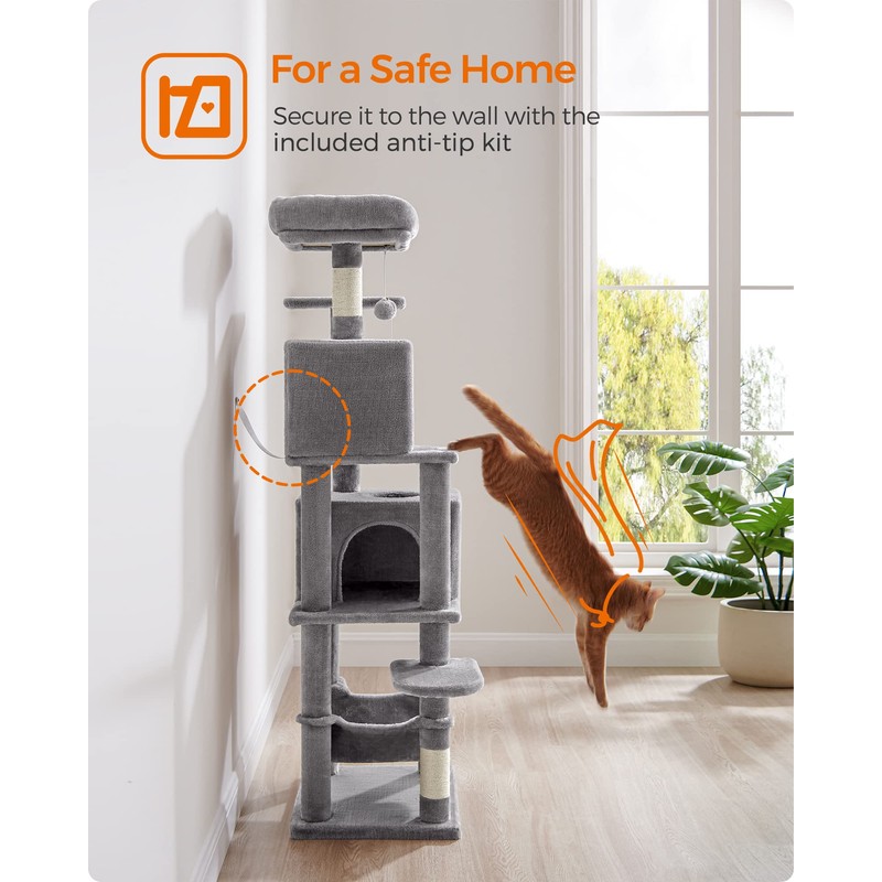 Feandrea Cat Tree, 61-Inch Cat Tower for Indoor Cats, Plush