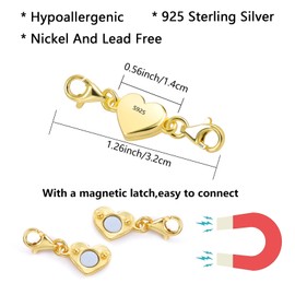 ALEXCRAFT Gold Heart Magnetic Clasp Chain 925 Sterling Silver Bracelet Clasp Magnetic Clasp for Chains Necklace Bracelet DIY Jewellery Making Accessories