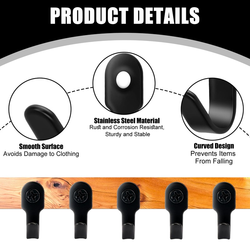 Pack of 30 Hooks for Screwing Black, Wardrobe Hooks, 28