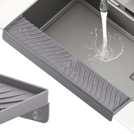 TIKNIK 4" x 20" Silicone Sink Edge Protector, Sloped Recessed Drainage Design Kitchen Sink Splash Guard with Suction Cup, DIY Adjustable Splash Guard for Stainless Steel/Granite/Quartz (Grey)