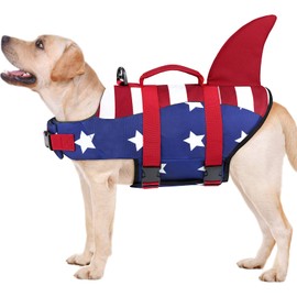 Malier Dog Life Jacket, Ripstop American Flag Dog Life Vest for Swimming Boating, Shark Puppy Lifesaver with High Buoyancy Swimsuit for Small Medium and Large Dogs (X-Small)