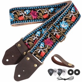 Nefelibata Guitar Strap,Jacquard Embroidery Cotton Guitar Straps with Crazy Horse Leather Ends for Bass, Electric & Acoustic, Best Gifts for Guitarists(Elegant Blue Flower Embroidery)