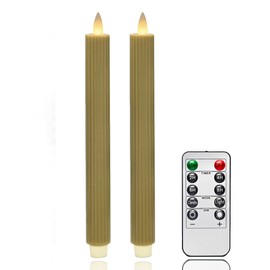CozierGlow Flameless Vertical Stripes Taper Candles Flickering with Remote and Timer, 3D Moving Flame Taper Candle, 9 Inch Window Candle. (Light Brown, 9in)