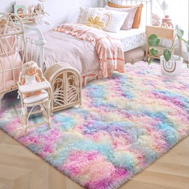 ISEAU Rainbow Rug for Girls Bedroom, 4 x 6 Feet Fluffy Area Rugs for Living Room, Ultra Kawaii Abstract Shaggy Colorful Carpet, Fuzzy Cute Unicorn Rug for Kids Girl Room Decor