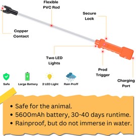 Rechargeable Cattle Prod, Waterproof Electric Livestock Prod with 2 LED Lights, Rechargeable Animal Prod for Farm Ranch Herding and Big Large Dogs, Livestock Shock Stick with Flexible Shaft