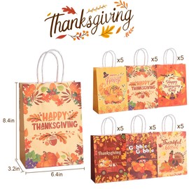 Colodeol 30 Pcs Thanksgiving Gift Bags, Fall Thanksgiving Goodie Bag Turkey Party Favors Treat Bag Pumpkin Candy Paper Bags with Handles for Fall Decorations Harvest Party Supplies