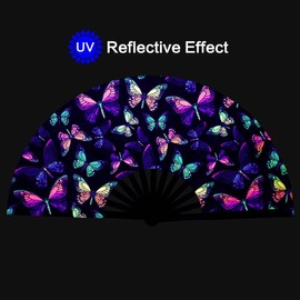 Raveahem UV Glow Rave Fan, Bamboo Folding Clack Hand Fan for Men Women (Butterfly-1, Large 13")