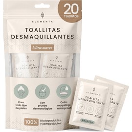 Elementa Toallitas Desmaquillantes Individuales, Toallitas Húmedas para Desmaquillar Ojos y Rostro, con Aloe Vera y Vitamina E, Hipoalergénicas, Biodegradables 20 Toallitas Individuales